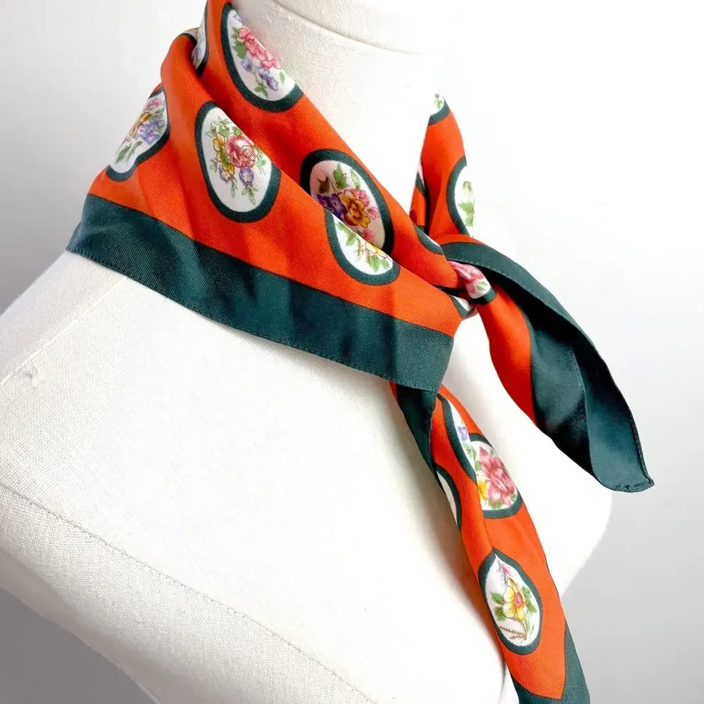 Vintage Square Scarf Orange Green Retro Cameo Floral Medallion Print Old Money